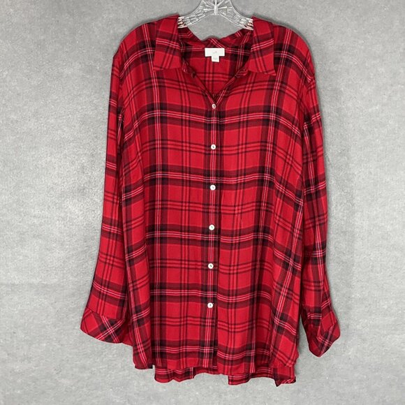 J Jill Top‎ Womens Sz 1X Red Black Plaid Corduroy Button Up Pleated Shirt Blouse - Picture 1 of 12